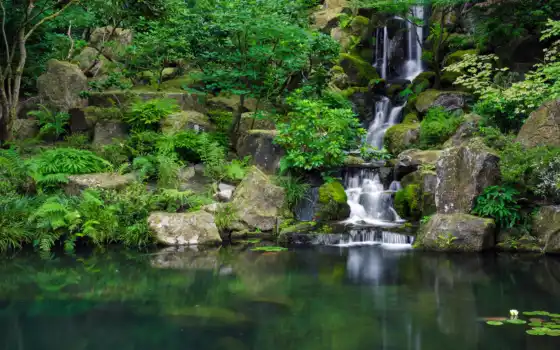 водопад, камни, garden, japanese, японский, грустный, park, водоем, 