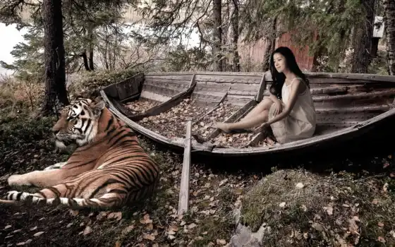 тигр, девушка, лодка, лук, tomb, 