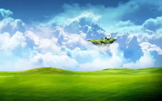 зелень, летающий, островок, небо, облака, трава, поле, фантастика, земля, 