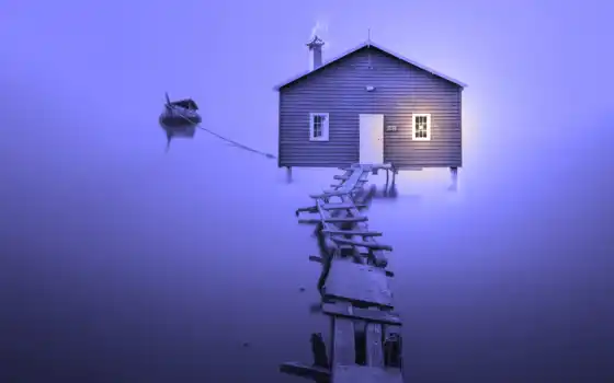 house, лодка, озеро, minimal, foggy