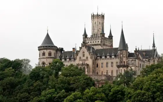 ганновер, marienburg, castle, германия, замок, неоготический, деревья, шпили, башни, картинка, 