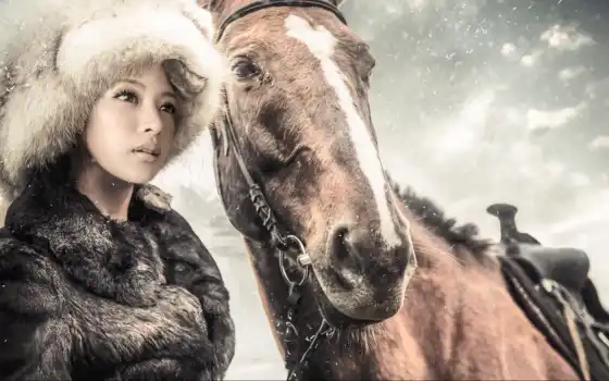 zima, снег, лошадь, кон, devushka, meh, лошади, 