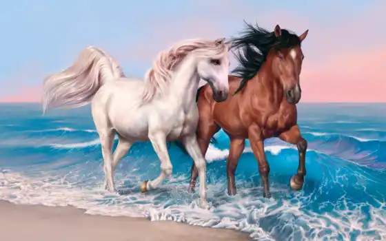 running, wild, лошадь, пляж, horses, шелк, плакат, white, art, живопись, animal, 