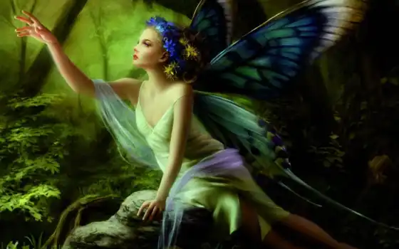 фея, бабочка, картинку, картинка, кнопкой, девушка, крылья, лес, кликните, камень, сидя, бабочки, рука, 