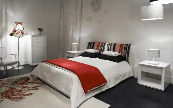 спальня, белый, кровать, красный, kenzo, картинка, منزل, iç, داخلی, 