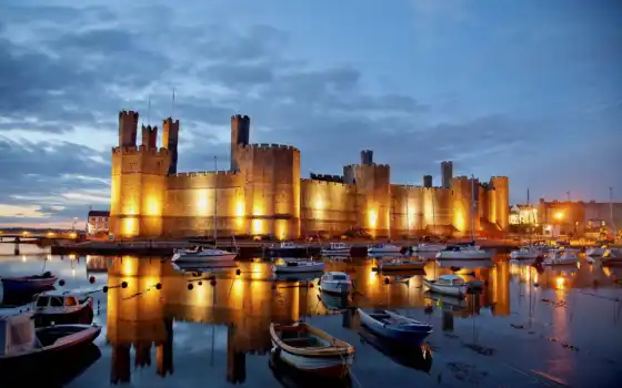 замок, caernarfon, castle, отражение, лодки, england, карнарвон, яхты, города, бухта, 