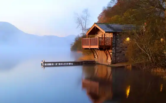 озеро, причал, туман, рассвет, сарай, осень, природа, кнопкой, картинку, правой, домик, facebook, картинка, landscapes, 