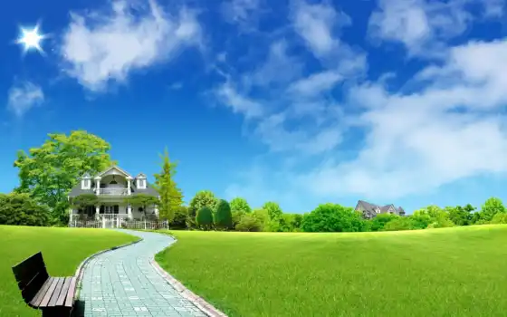 green, home, летний, пейзаж, wide, resimleri, солнечные, photoshop, village, field, desktop, high, 