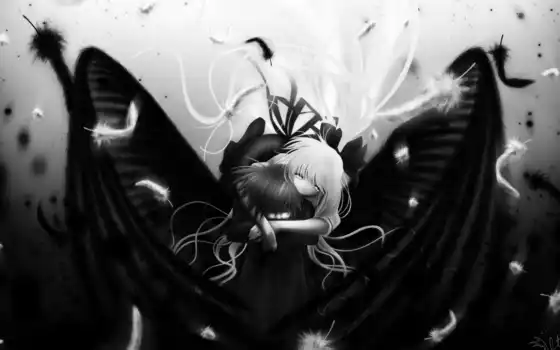 black, white, girl, angel, wings, boy, 