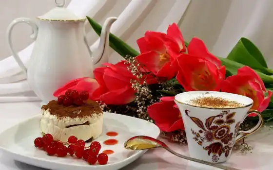 coffee, торт, цветы, тюльпан, ягода, red, красное
