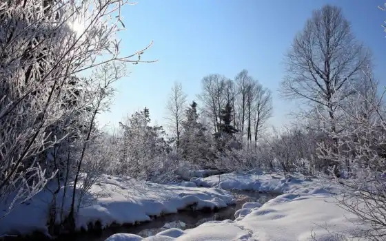 landscape, ручей, снег, иней, природа