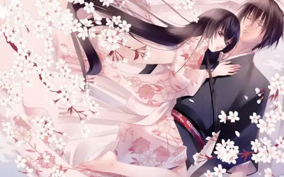 anime, love, настроение, два, Сакура, весна, цветы, 