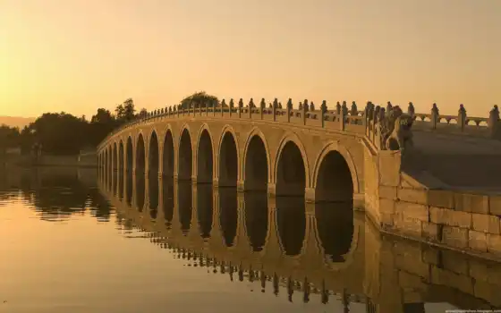 bridge, seventeen, beijing, arch, kunming, lake, hd, мост, река, закат, wallpaper, 
