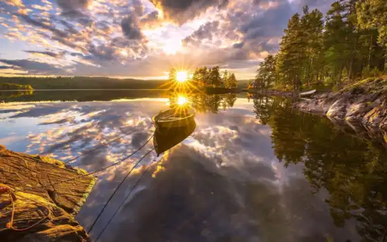 norwegian, ringerike, озеро, лодка, закат, природа, отражение, норвегия, ringerik, дерево, гора