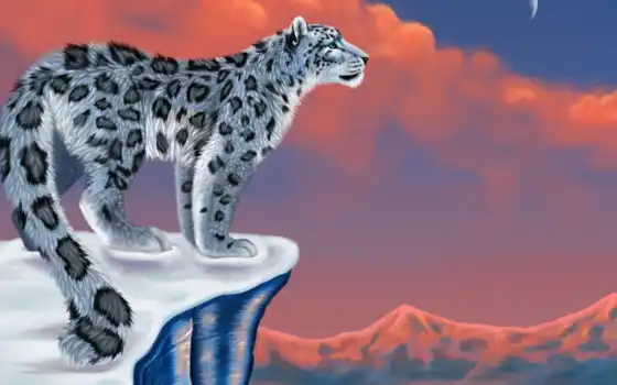 леопард, рисунок, снег, ирбис, луна, горы, 