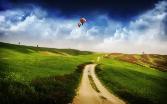поле, небо, fantasy, дорога, balloon, природа, house, шары, 