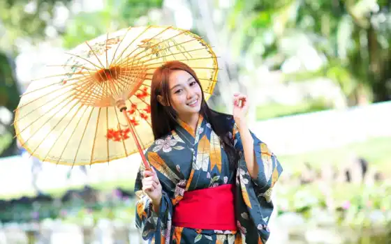 девушка, кимоно, japanese, японская, блики, зонтик, 