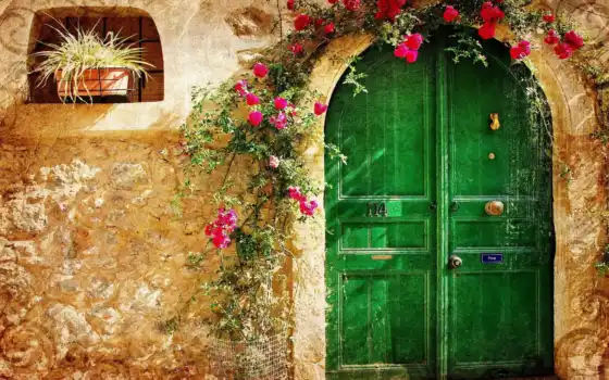 старый, город, дверь, vintage, камень, малиновые, цветы, loveliness, house, pattern, 