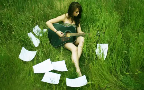 девушка, гитара, трава, аккорды, зелёная, лист, music, singer, nature, качественные, картинку, 