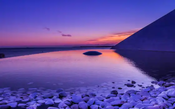 пляж, камень, purple, восход, water, отражение, рассвет