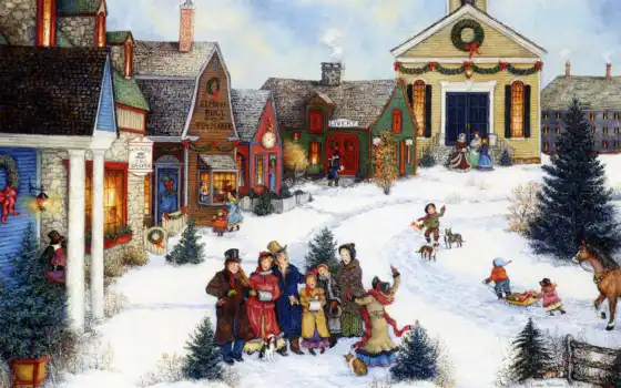 village, painting, art, caroling, americana, linda, nelson, рождество, 