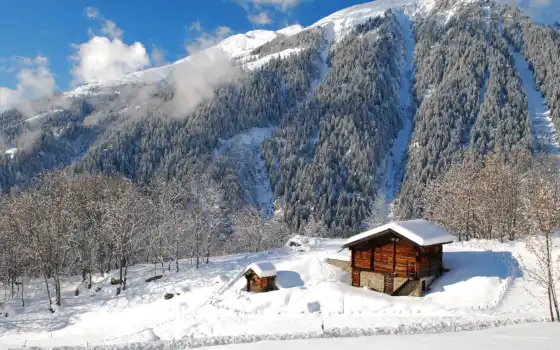 house, горах, winter, горы, зимних, красивый, lodge, взгляд, дома, озеро, домики, 