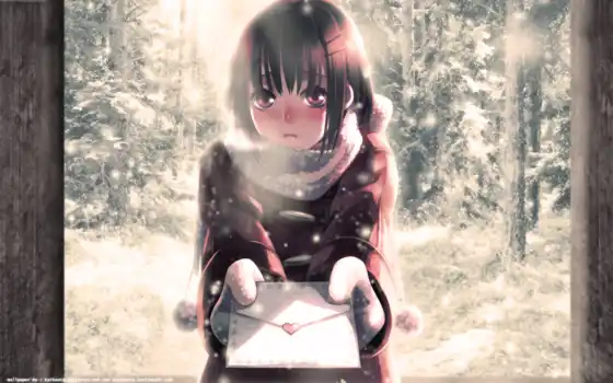 anime, winter, snow, hair, cold, blush, short, girls, tags, letter, share, characters, original, 