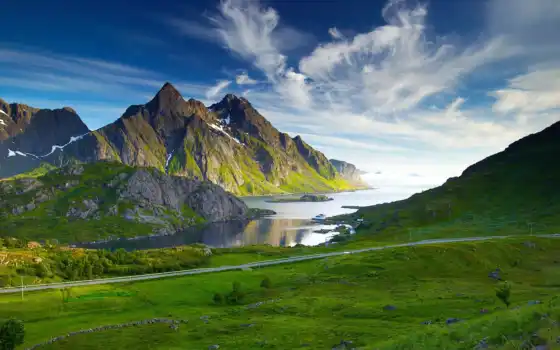 горы, река, скандинавские, дорога, landscape, небо, красавица, 