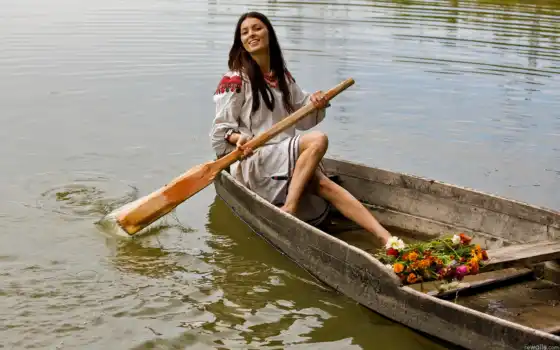 девушка, лодка, лодке, река, улыбка, взгляд, озеро, 