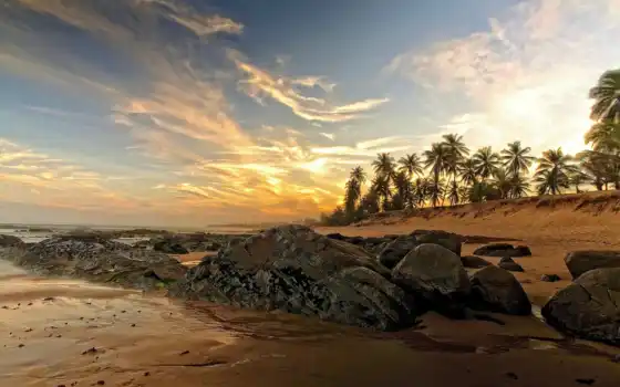 пальмы, песок, море, пляж, облака, 