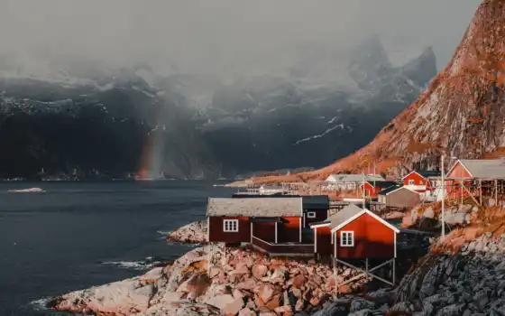 ipad, norwegian, гора, lodge, house, туман, радуга, картинка, parallax, норвегия