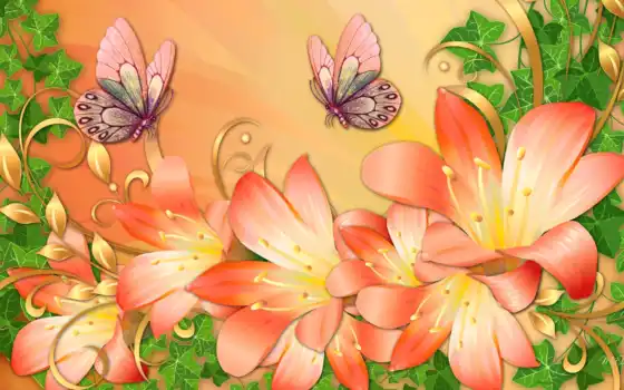 бабочка, цветы, фон
