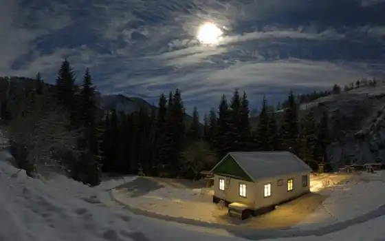 moon, cold, house, free, ночь, горы, зима, nature, снег, 