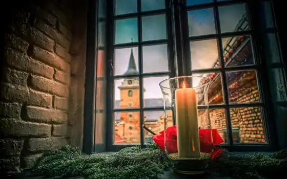 окно, свеча, норвегия, christmas, башня