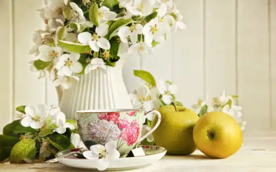 чашка, кувшин, чай, жасмин, цветы, яблоки, натюрморт, еда, картинку, 