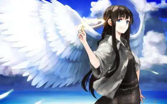anime, angel, art, девушка, крылья, oblaka, красивые, ангелы, halo, devushki, море, 