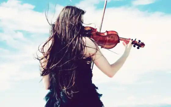 девушка, обои, скрипка, ветер, платье, небо, скрип
