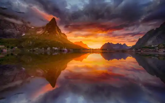 норвегия, sun, гора, landscape, полночь, закат