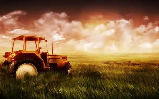 поле, трактор, обои, природа, небо, деревня, трава