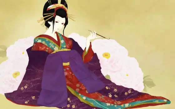 девушка, кимоно, art, cvety, гейша, пионы, мундштук, japanese, 