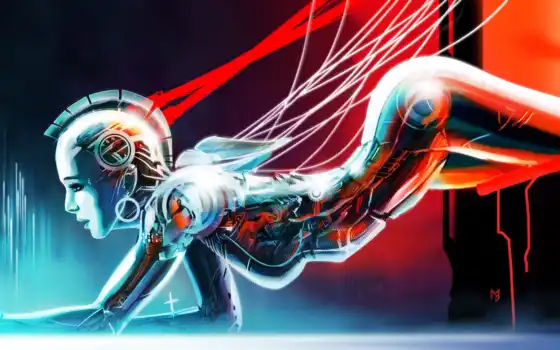 cyborg, android, awesome, robot, девушка, об, art, провода, 