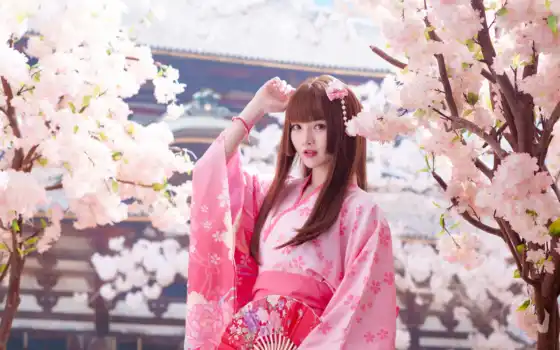 кимоно, девушка, пагода, fan