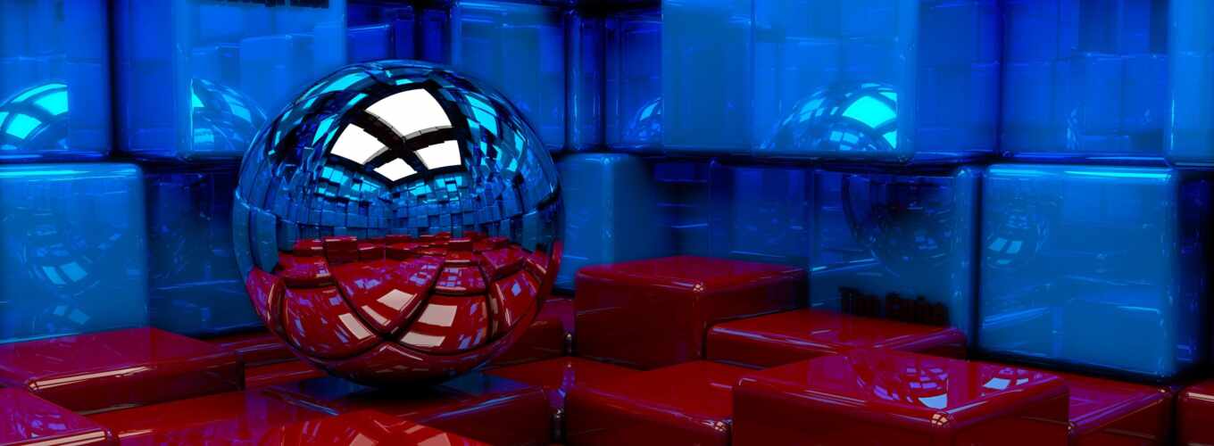 red, background, cubes, screen, ball, reflection, fund