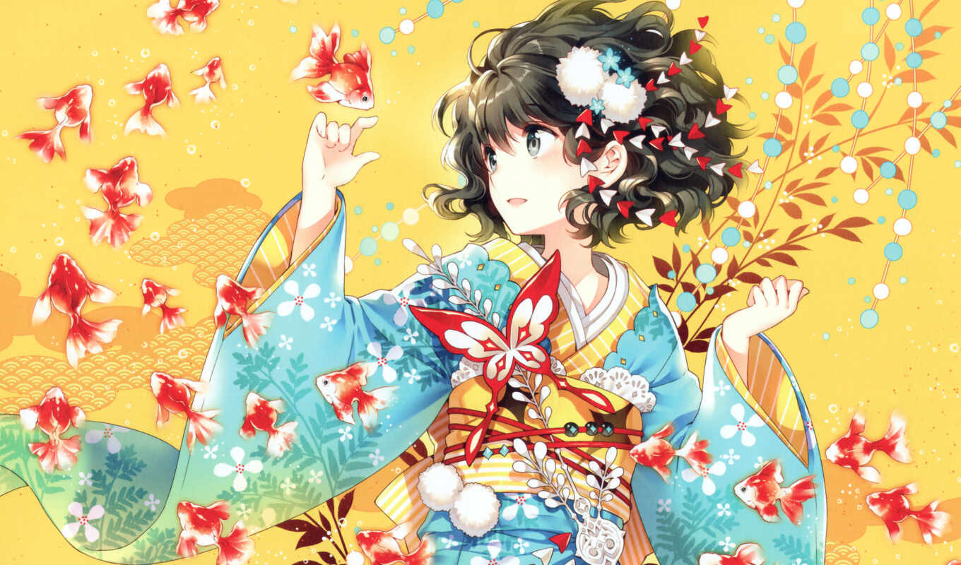 art, girl, anime, butterfly, fish, kimono