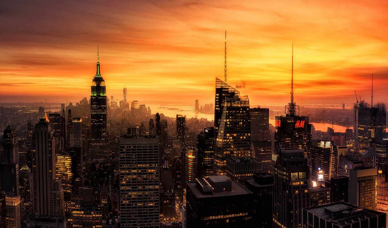 sunset, new, city, evening, lights, new, USA, york