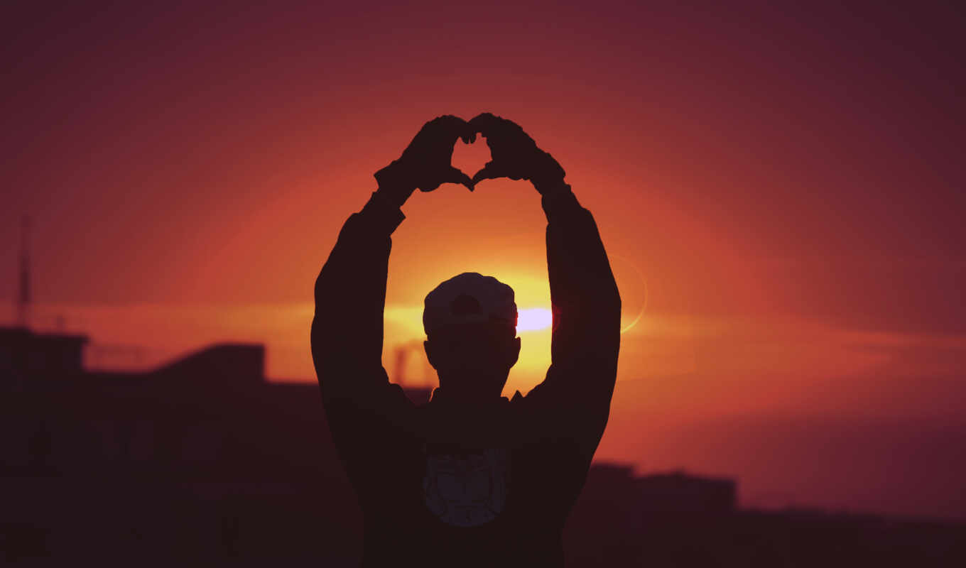 man, sunset, heart, a shadow, hands
