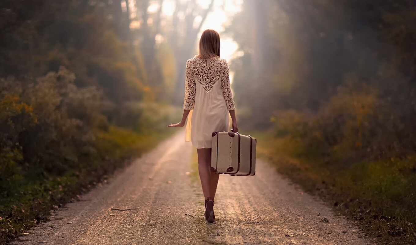 девушка, чемодан, платье, дорогой, journey