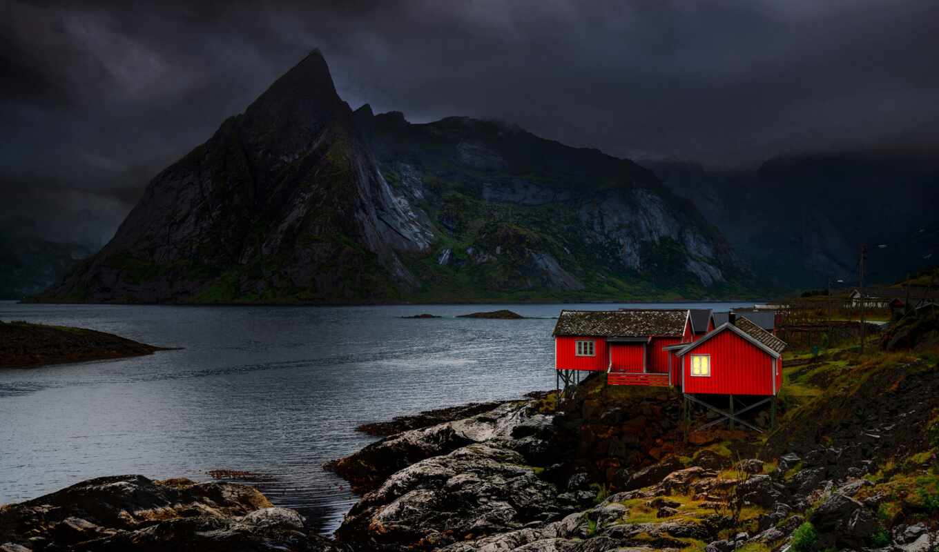 озеро, house, гора, облако, норвегия, pure, reine, norwegian, lofoten, нордленд