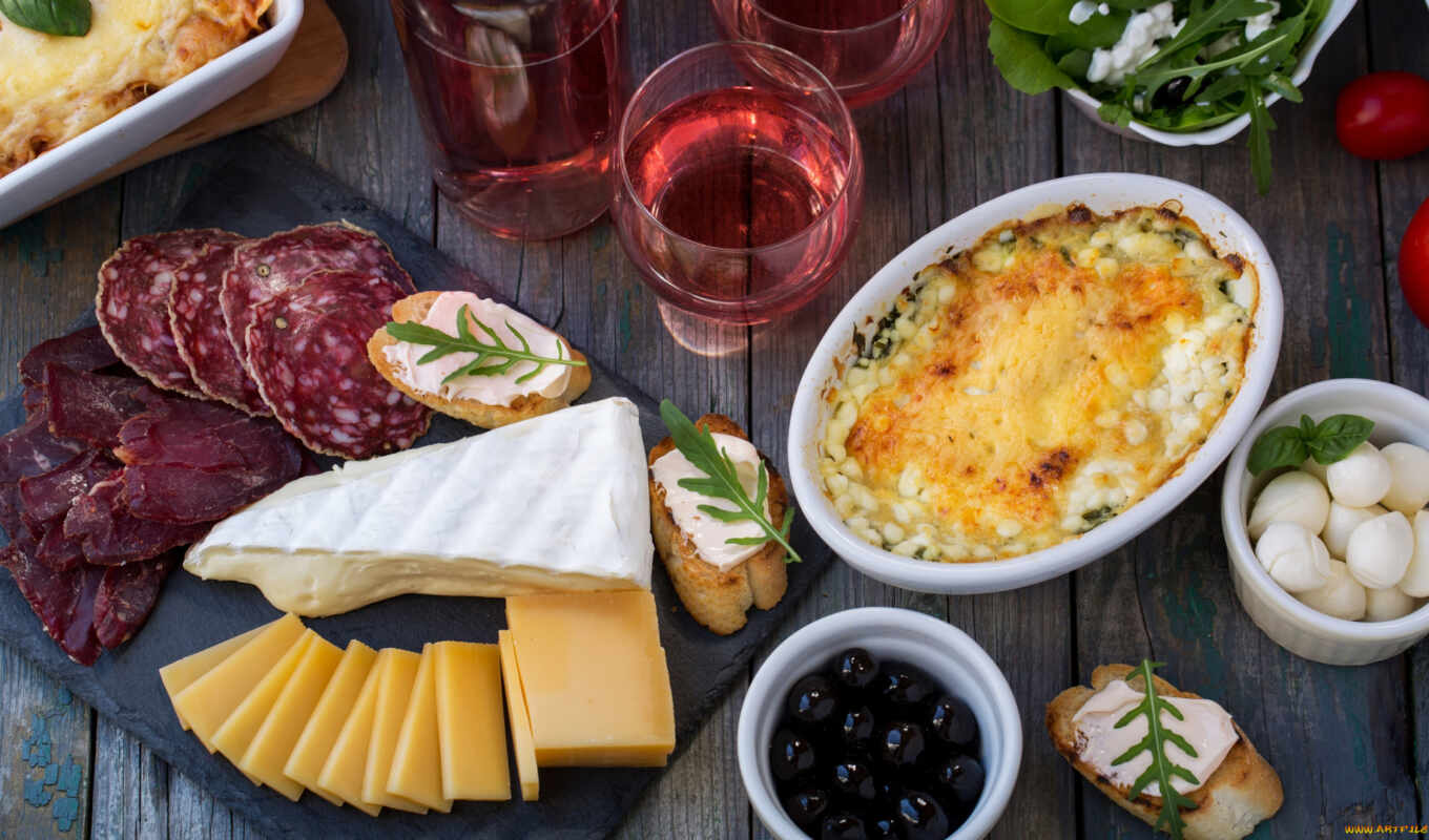 meal, board, wine, smooth surface, olive, tomato, cheese, salad, basil, wallpapermaniac, charcuterie