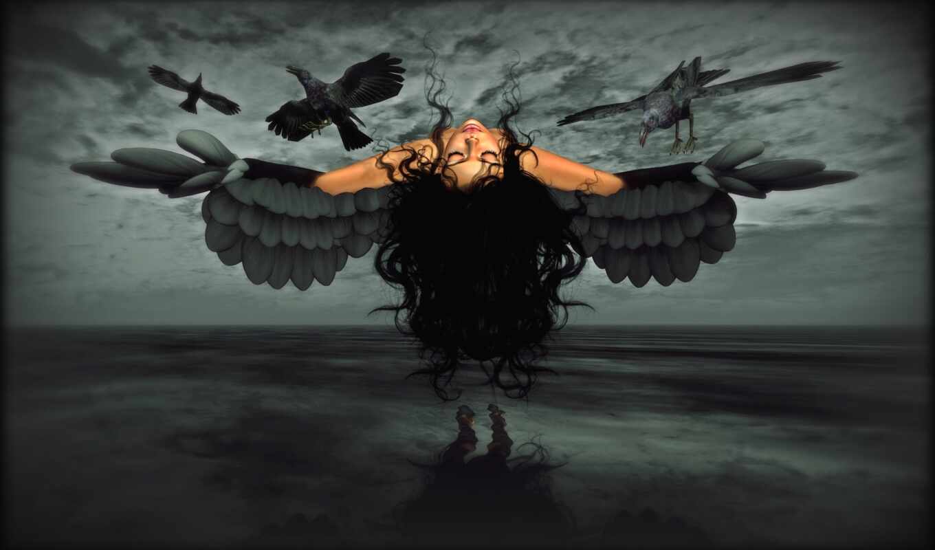 girl, her, crow, crows, wings